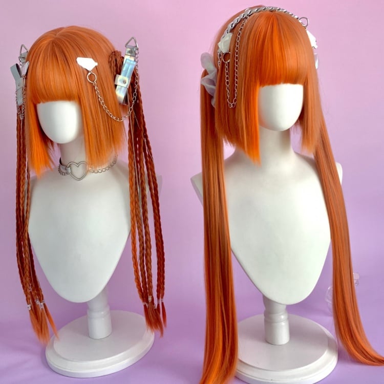 Orange Chin Bob Cut Wig with Braids Jaw Clips