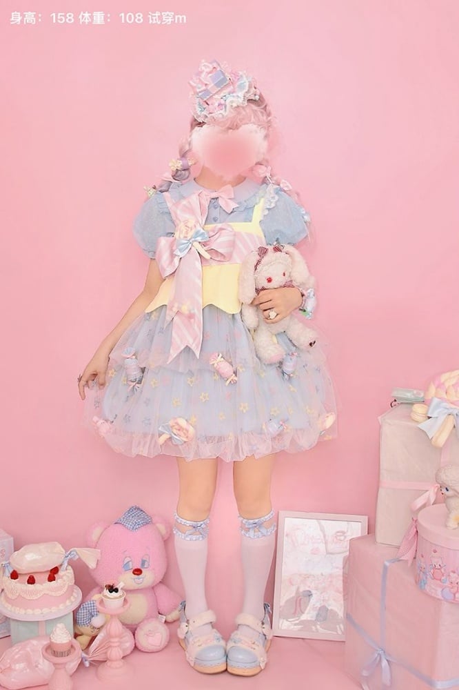 Rainbow Candy Stars Print Lollipop Design Lolita JSK+Brooches+Big Bow Train Set