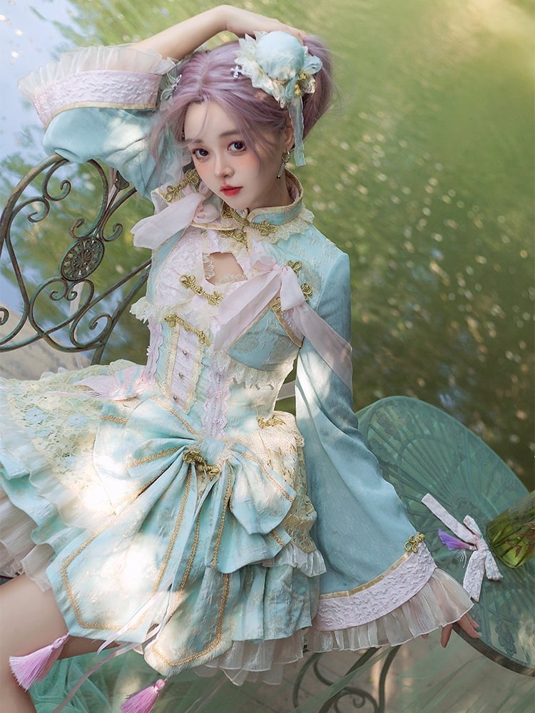 Light Green and Pink Detachable Collar Qi Tiered Ruffles Jumper Skirt - Sukuroi