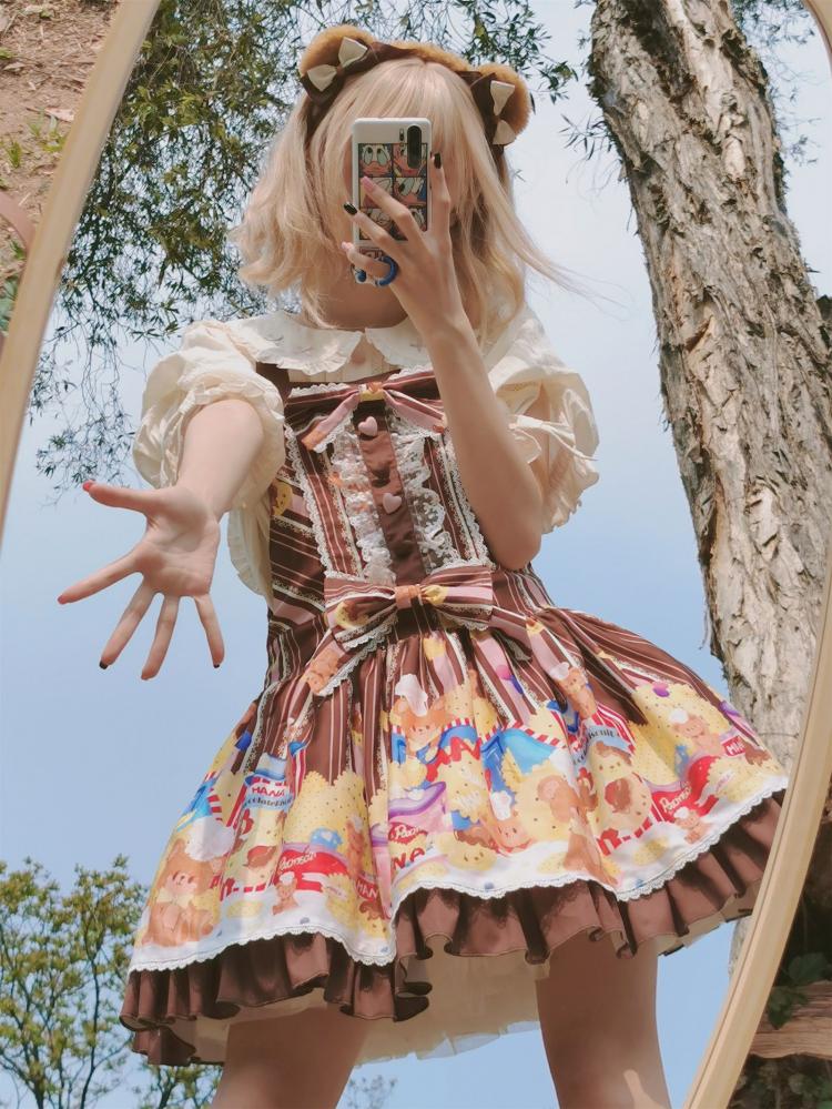 Little Bear and Pot Built-in Petticoat Bear and Biscuit Print Overalls