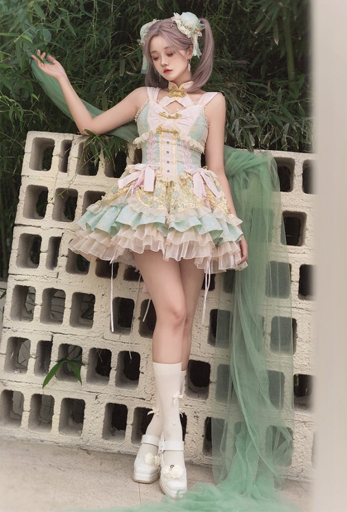 Light Green and Pink Detachable Collar Qi Tiered Ruffles Jumper Skirt - Sukuroi