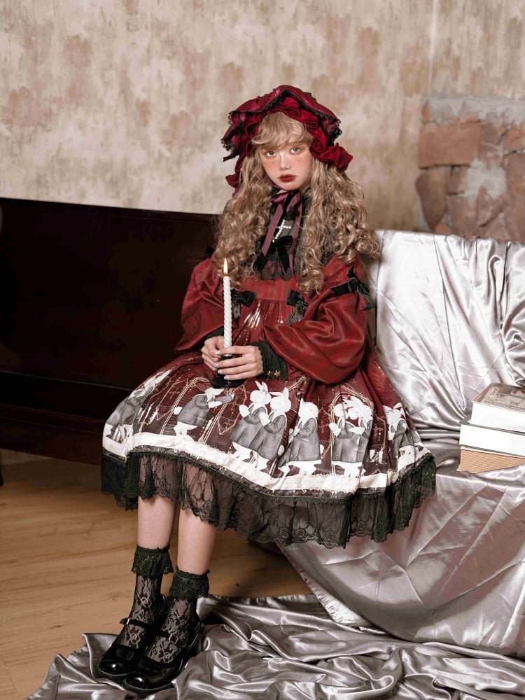 Holy Prayer Color Red Bunny Print Ruffle Round Neck Lace Hemline One Piece