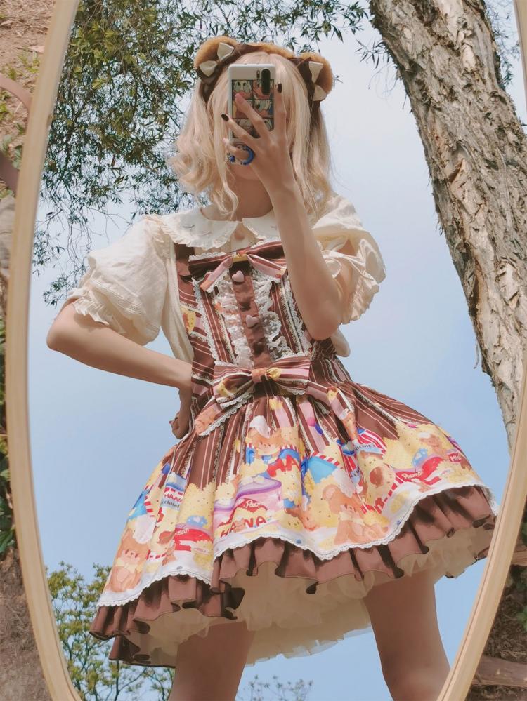 Little Bear and Pot Built-in Petticoat Bear and Biscuit Print Overalls