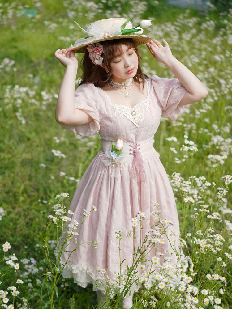 Tulip 1.0 Tiered Skirt and Ruffle Trim Short Sleeves One Piece Version A (Lace Applique Neckline)/Version B