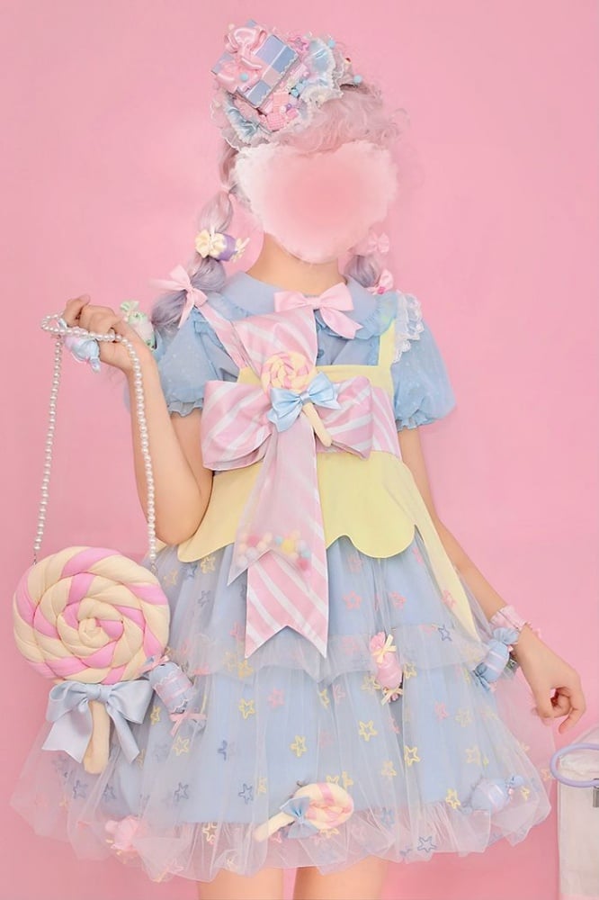 Rainbow Candy Stars Print Lollipop Design Lolita JSK+Brooches+Big Bow Train Set