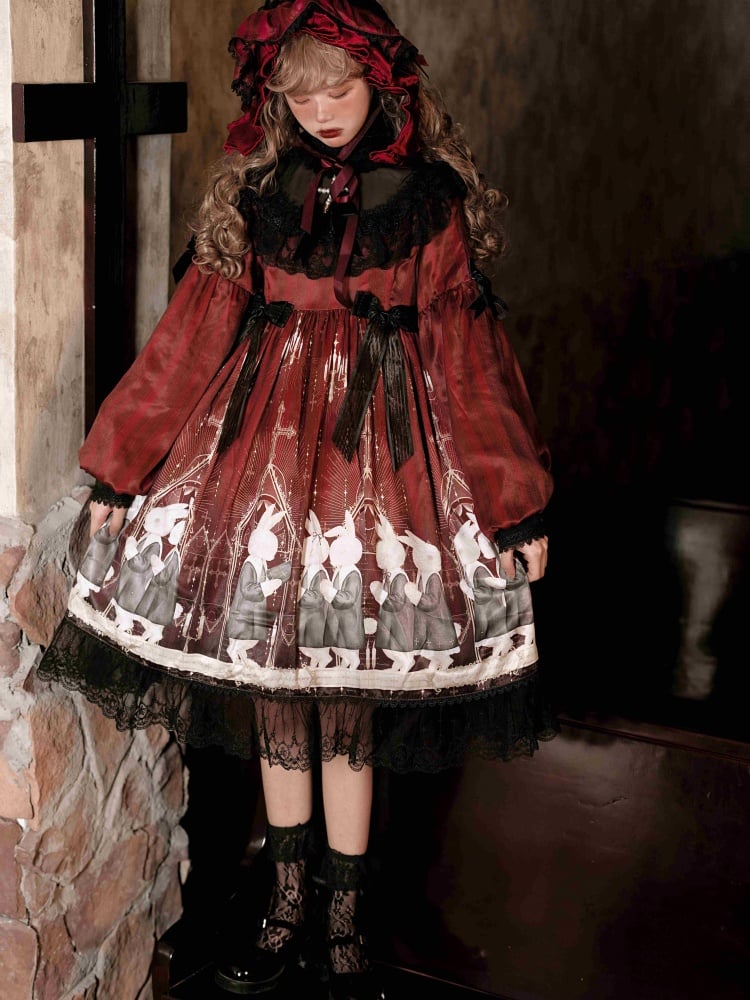 Holy Prayer Color Red Bunny Print Ruffle Round Neck Lace Hemline One Piece