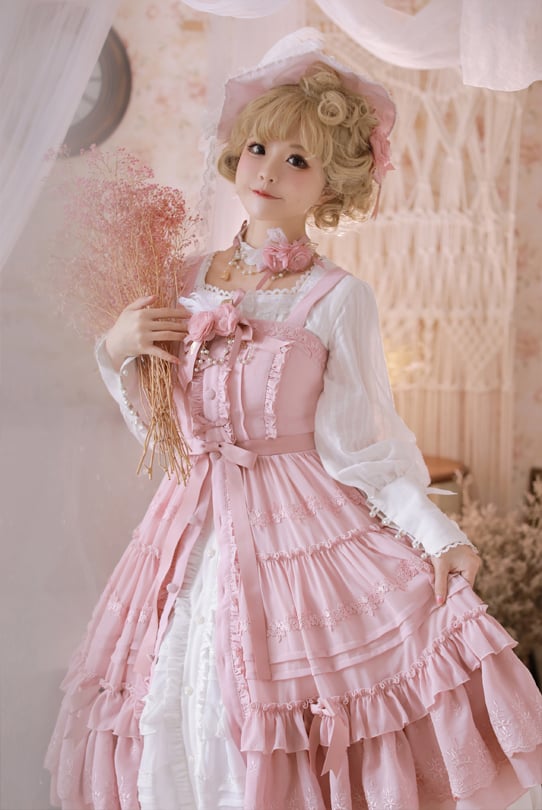 Rozen Maiden Front Buttons Closure Shirring Back Plus Size Friendly Black / Wine Red / Green / Pink Classic Jumper Skirt