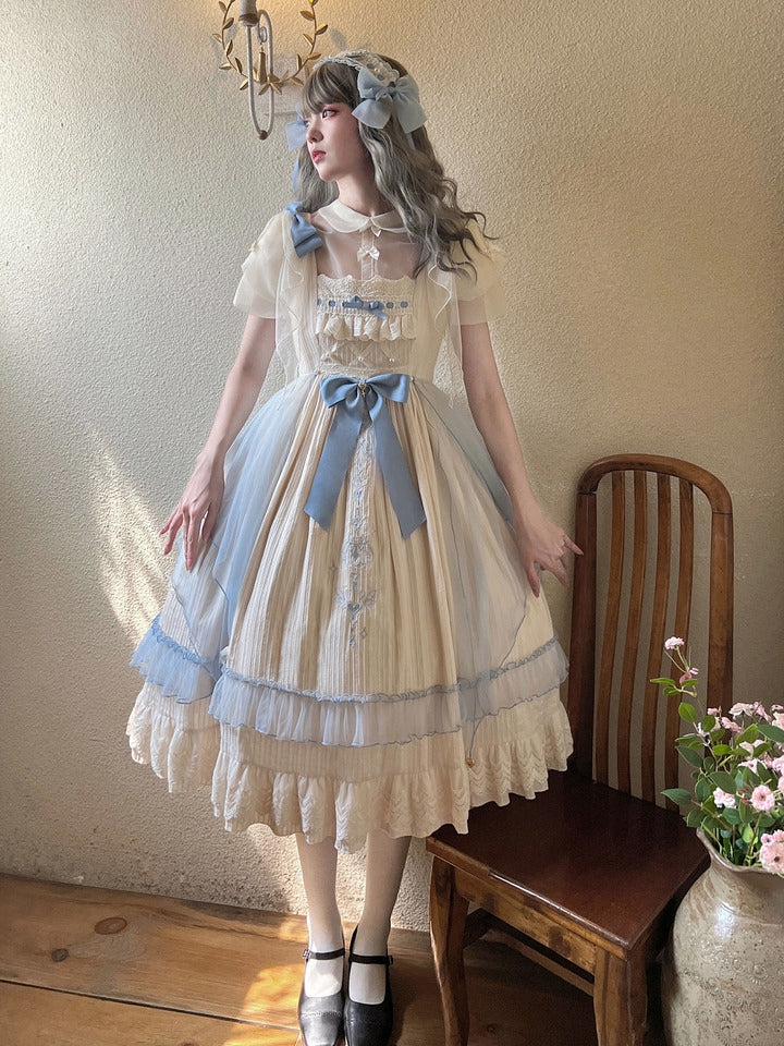 Hebe's Tears Beige and Blue Short/Long Version Square Neckline Jumper Skirt Set