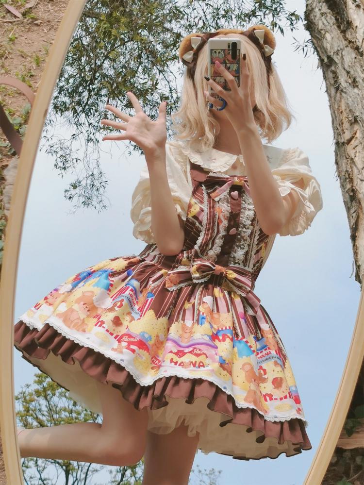 Little Bear and Pot Built-in Petticoat Bear and Biscuit Print Overalls