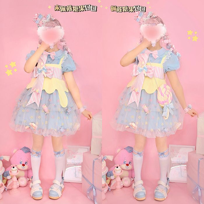 Rainbow Candy Stars Print Lollipop Design Lolita JSK+Brooches+Big Bow Train Set