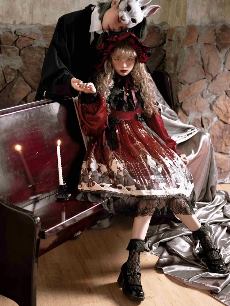 Holy Prayer Color Red Bunny Print Ruffle Round Neck Lace Hemline One Piece