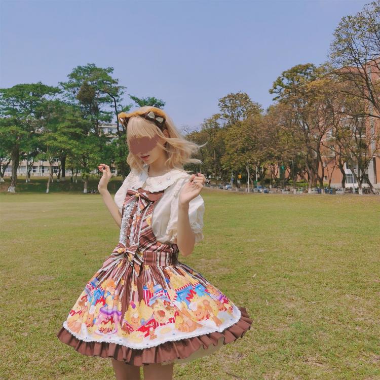 Little Bear and Pot Built-in Petticoat Bear and Biscuit Print Overalls