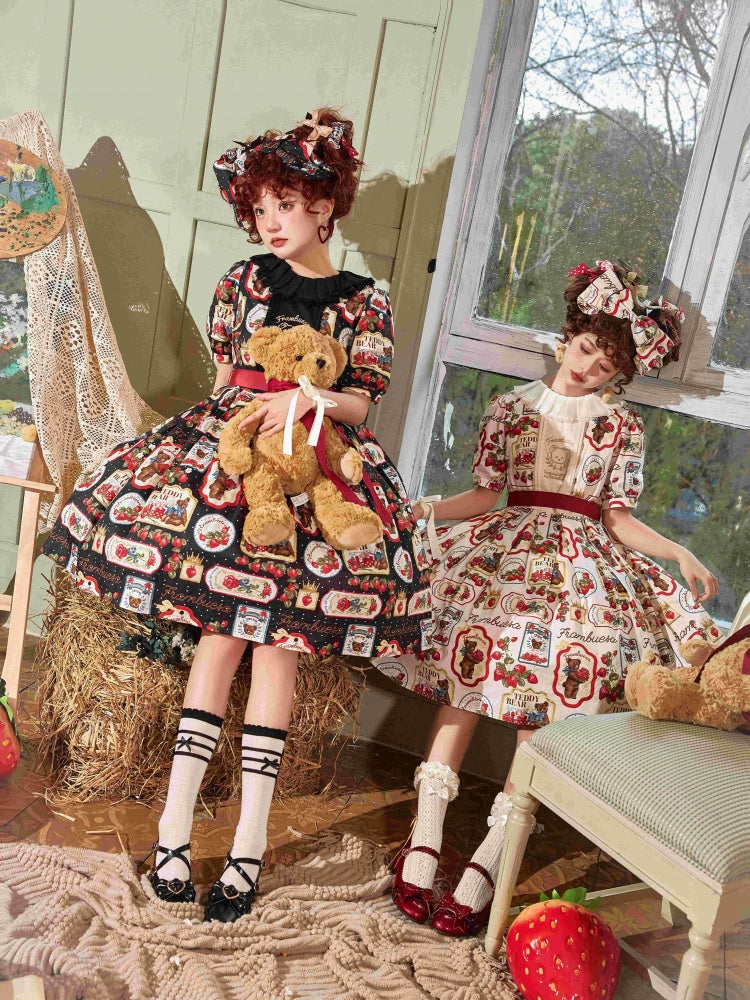 Kano Beige Bear Embroidery Strawberry Print Round Neckline Short Sleeves One Piece