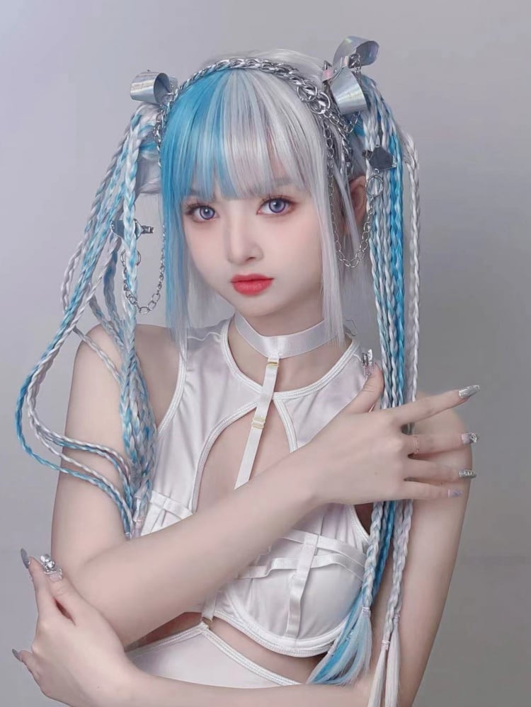 White and Blue Highlight Color Chin Bob Cut Wig with Ponytail and Braids Jaw Clips