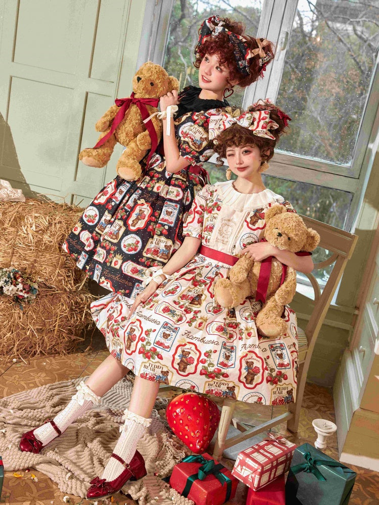 Kano Beige Bear Embroidery Strawberry Print Round Neckline Short Sleeves One Piece