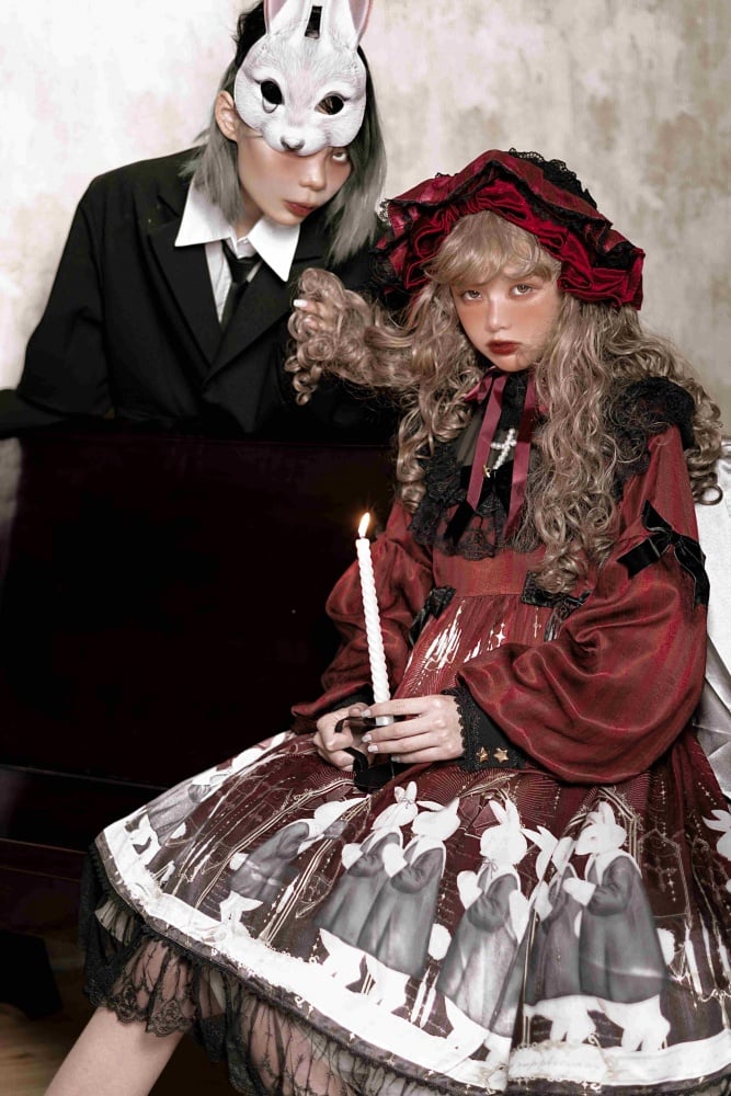 Holy Prayer Color Red Bunny Print Ruffle Round Neck Lace Hemline One Piece