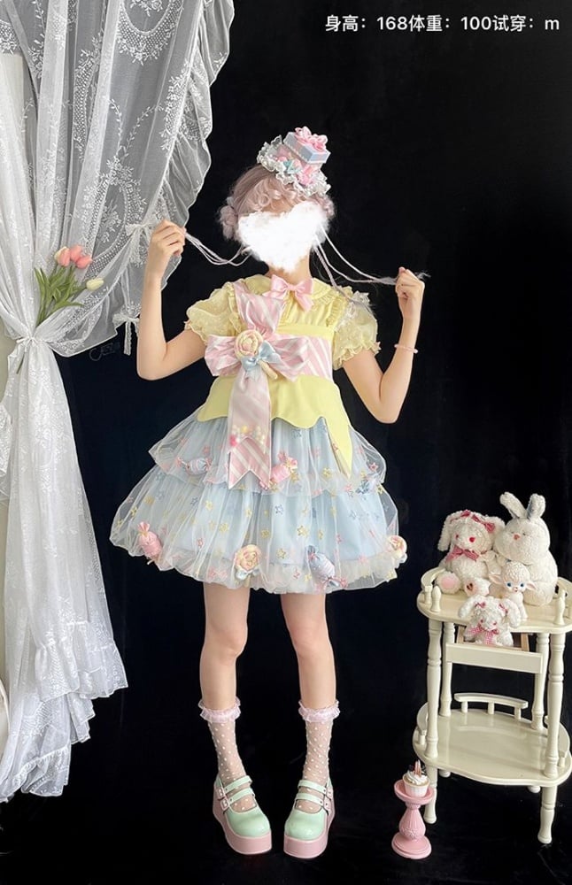 Rainbow Candy Stars Print Lollipop Design Lolita JSK+Brooches+Big Bow Train Set