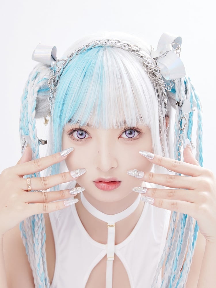 White and Blue Highlight Color Chin Bob Cut Wig with Ponytail and Braids Jaw Clips