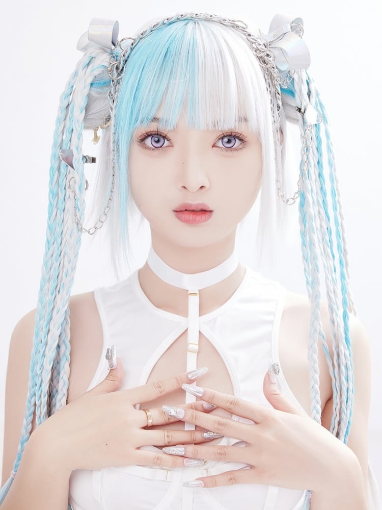 White and Blue Highlight Color Chin Bob Cut Wig with Ponytail and Braids Jaw Clips