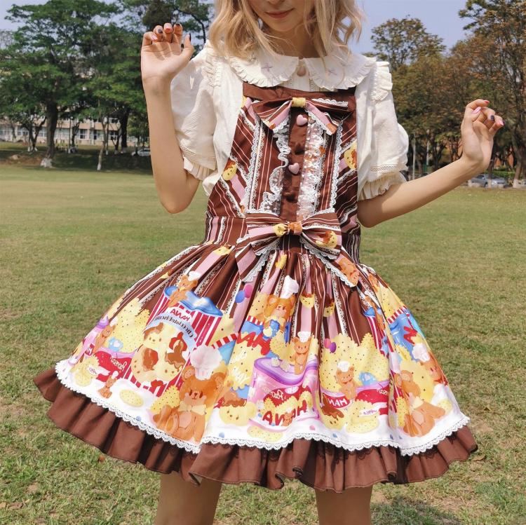 Little Bear and Pot Built-in Petticoat Bear and Biscuit Print Overalls