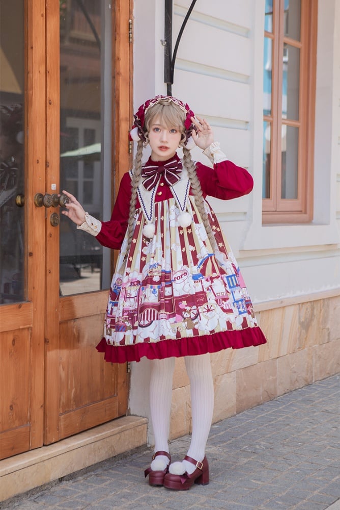 Popcorn and Star Pattern Print Pointed Collar One Piece Red and Yellow