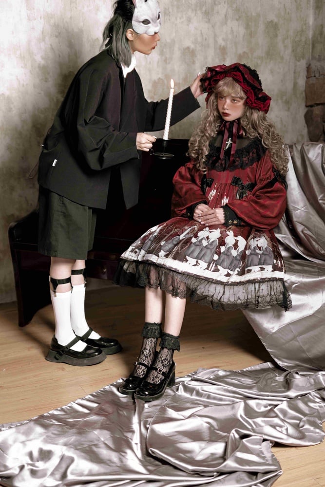 Holy Prayer Color Red Bunny Print Ruffle Round Neck Lace Hemline One Piece