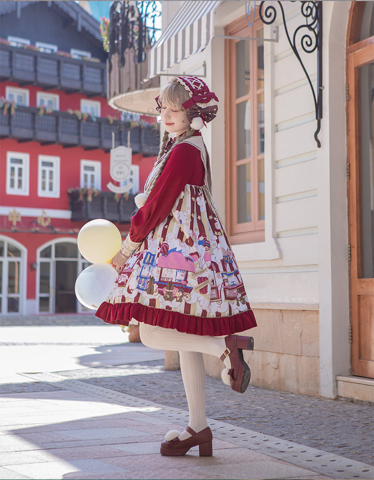Popcorn and Star Pattern Print Pointed Collar One Piece Red and Yellow