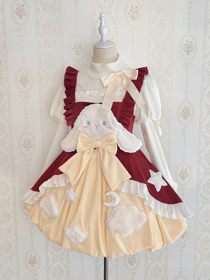 Sleepy Rabbit Corduroy Bunny Embroidery Applique Bodice Bubble Skirt Lolita JSK