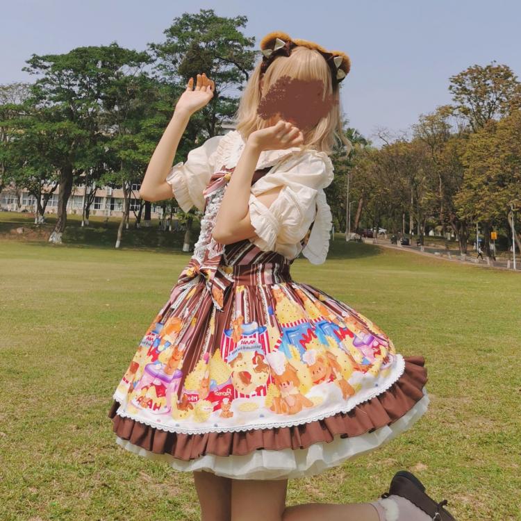 Little Bear and Pot Built-in Petticoat Bear and Biscuit Print Overalls