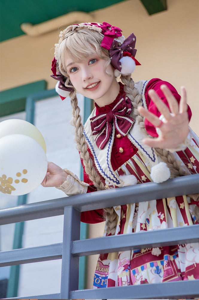 Popcorn and Star Pattern Print Pointed Collar One Piece Red and Yellow