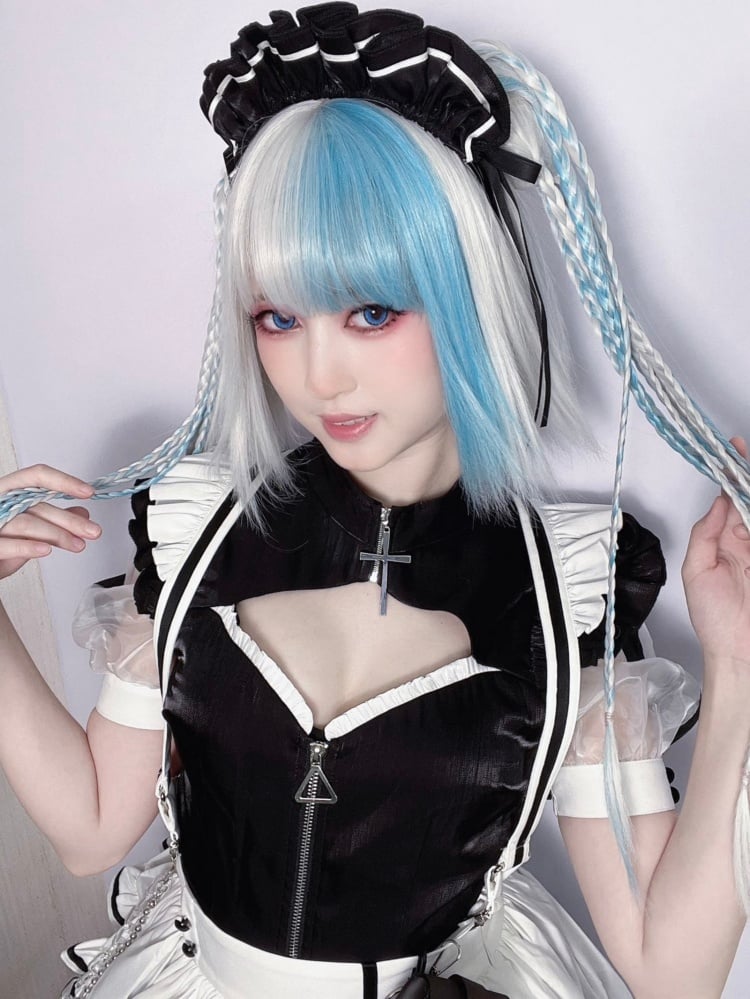 White and Blue Highlight Color Chin Bob Cut Wig with Ponytail and Braids Jaw Clips