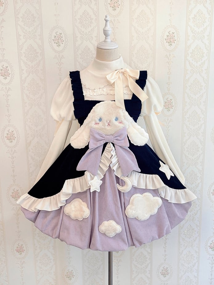 Sleepy Rabbit Corduroy Bunny Embroidery Applique Bodice Bubble Skirt Lolita JSK