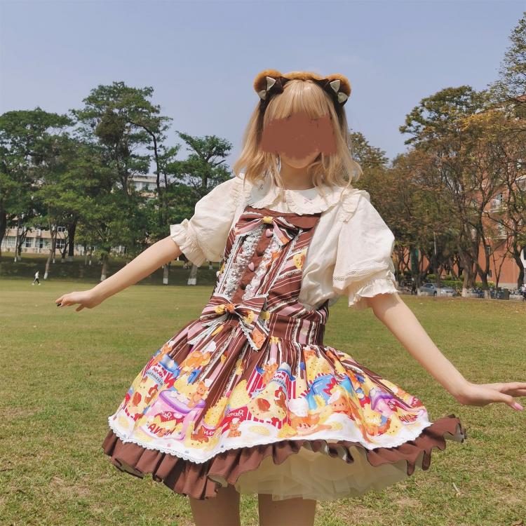 Little Bear and Pot Built-in Petticoat Bear and Biscuit Print Overalls