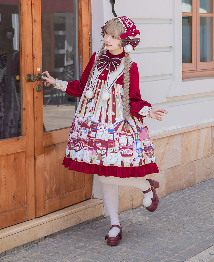 Popcorn and Star Pattern Print Pointed Collar One Piece Red and Yellow