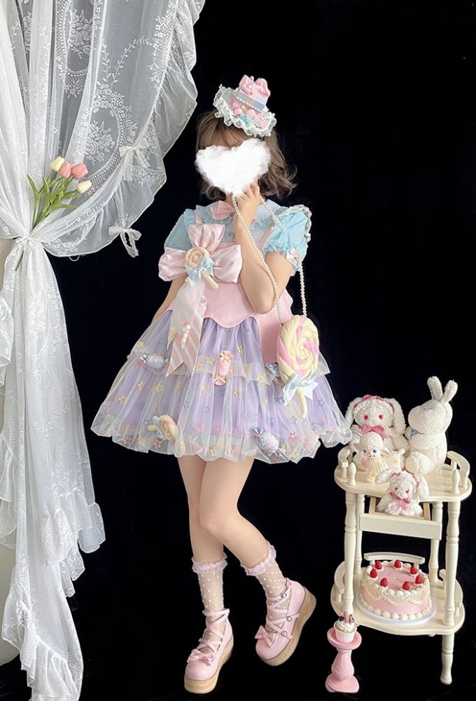 Rainbow Candy Stars Print Lollipop Design Lolita JSK+Brooches+Big Bow Train Set