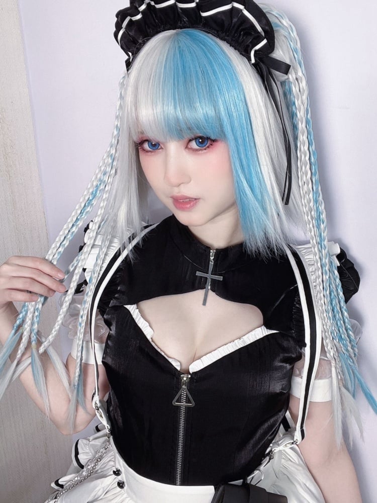 White and Blue Highlight Color Chin Bob Cut Wig with Ponytail and Braids Jaw Clips