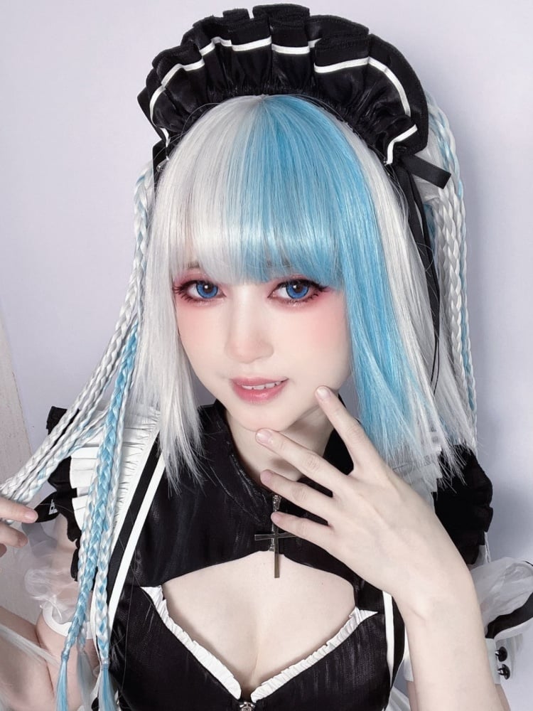 White and Blue Highlight Color Chin Bob Cut Wig with Ponytail and Braids Jaw Clips