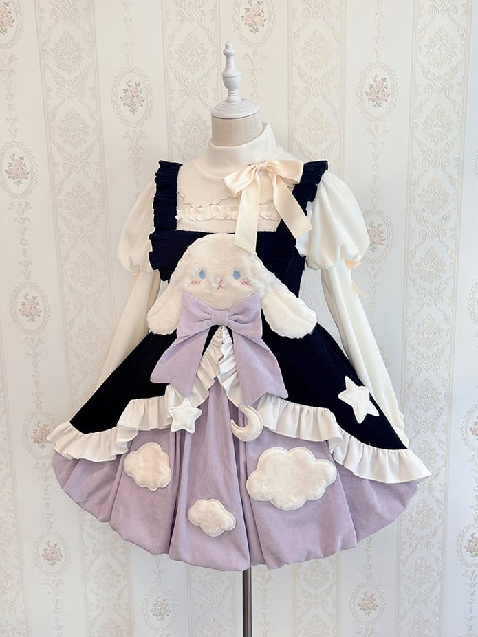 Sleepy Rabbit Corduroy Bunny Embroidery Applique Bodice Bubble Skirt Lolita JSK