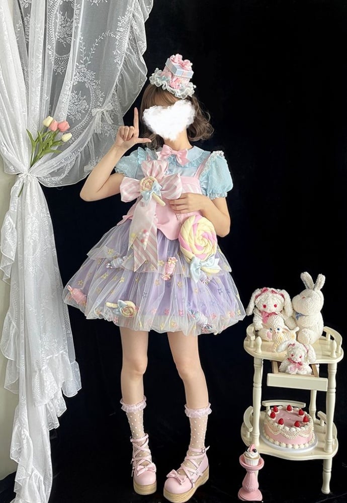 Rainbow Candy Stars Print Lollipop Design Lolita JSK+Brooches+Big Bow Train Set