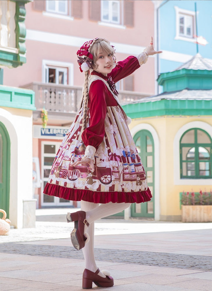 Popcorn and Star Pattern Print Pointed Collar One Piece Red and Yellow