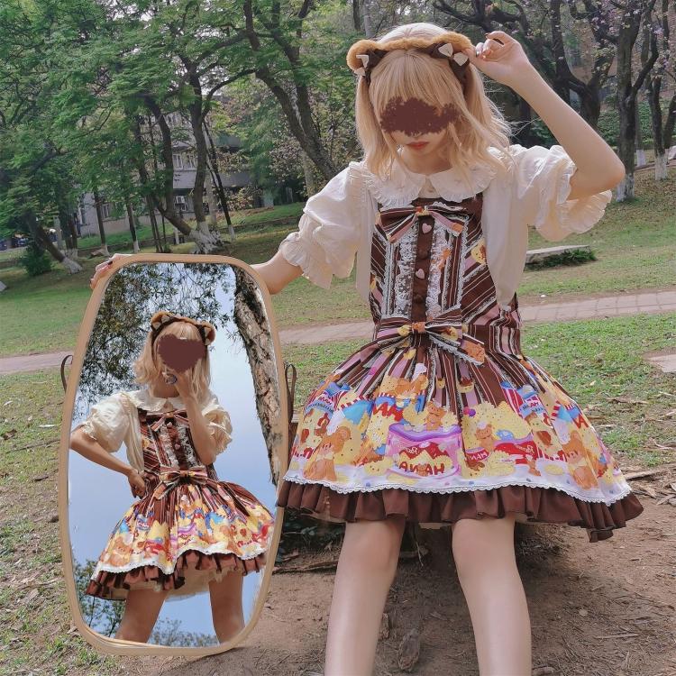 Little Bear and Pot Built-in Petticoat Bear and Biscuit Print Overalls