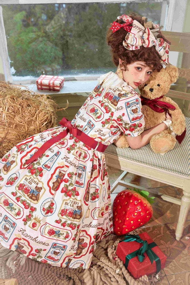 Kano Beige Bear Embroidery Strawberry Print Round Neckline Short Sleeves One Piece