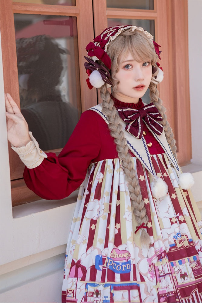 Popcorn and Star Pattern Print Pointed Collar One Piece Red and Yellow