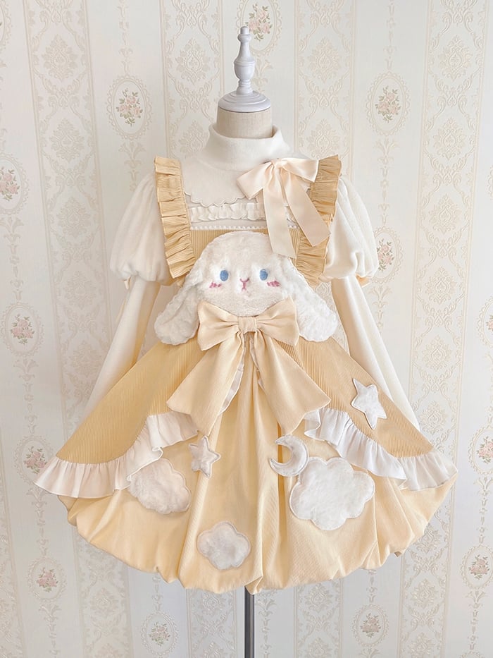 Sleepy Rabbit Corduroy Bunny Embroidery Applique Bodice Bubble Skirt Lolita JSK