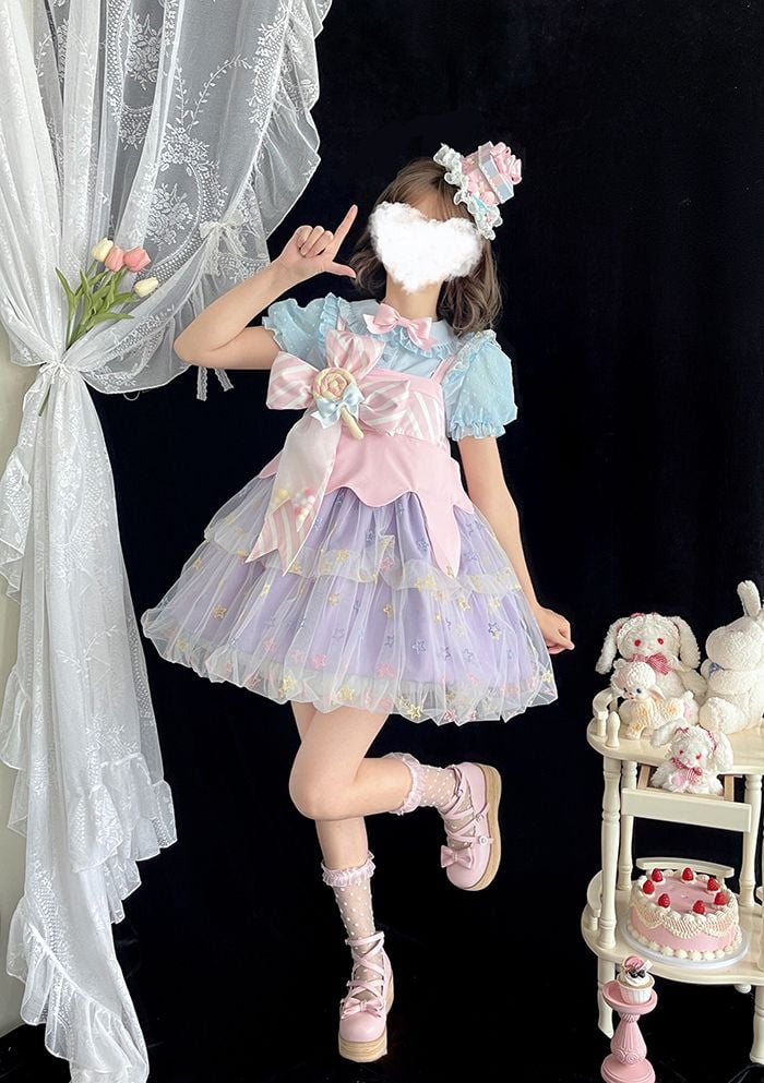 Rainbow Candy Stars Print Lollipop Design Lolita JSK+Brooches+Big Bow Train Set