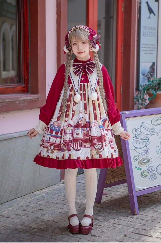 Popcorn and Star Pattern Print Pointed Collar One Piece Red and Yellow