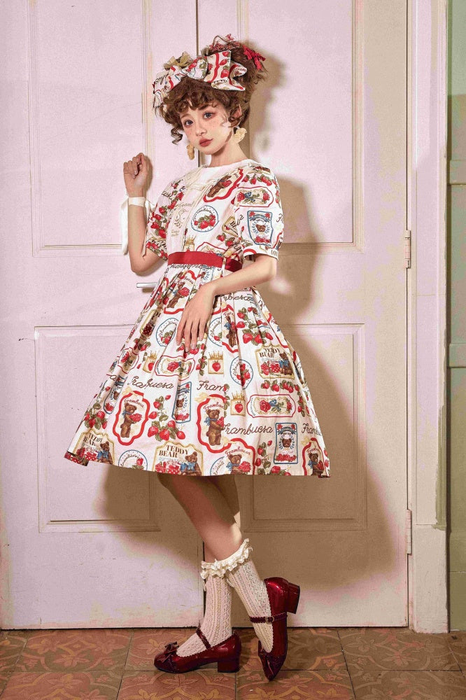 Kano Beige Bear Embroidery Strawberry Print Round Neckline Short Sleeves One Piece