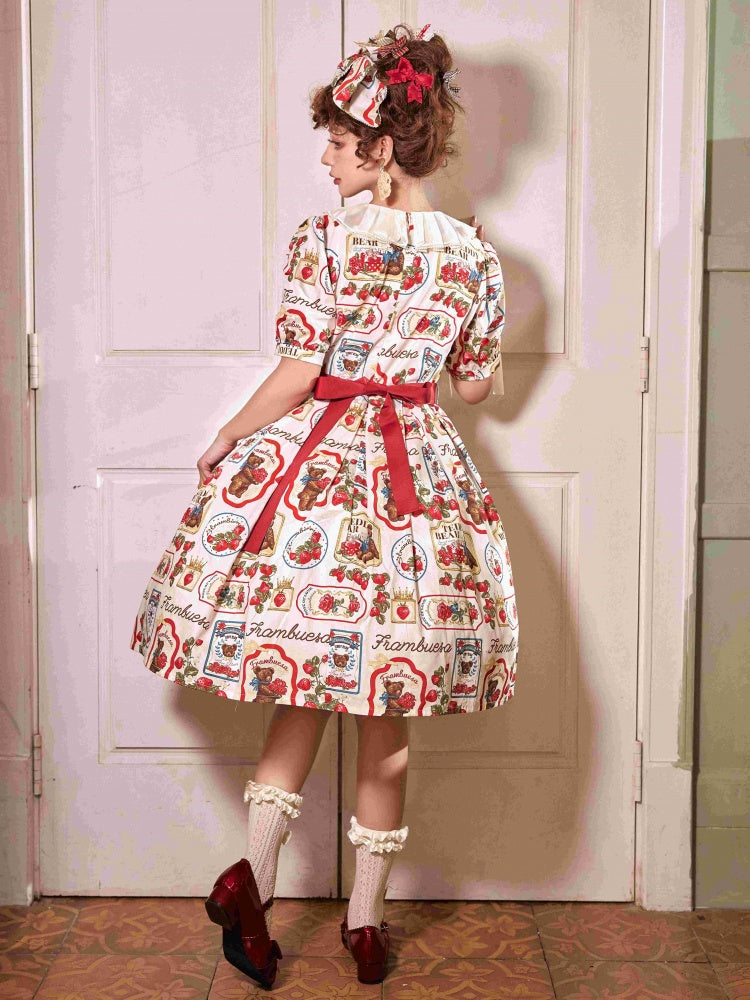 Kano Beige Bear Embroidery Strawberry Print Round Neckline Short Sleeves One Piece