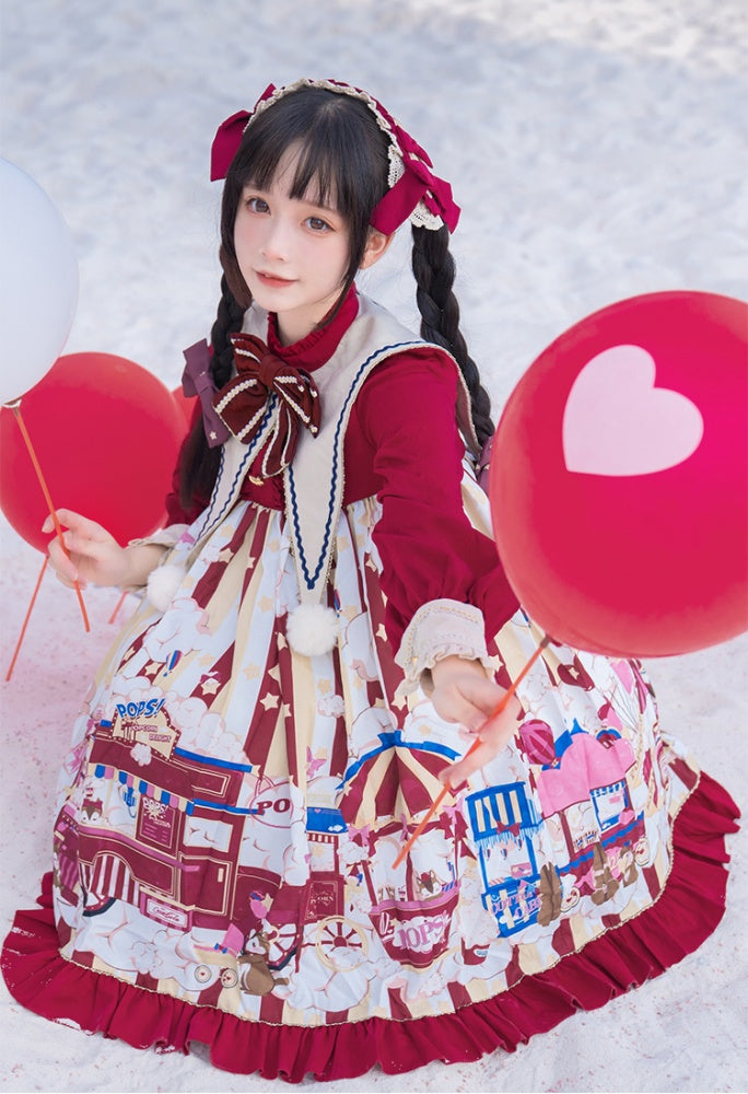 Popcorn and Star Pattern Print Pointed Collar One Piece Red and Yellow