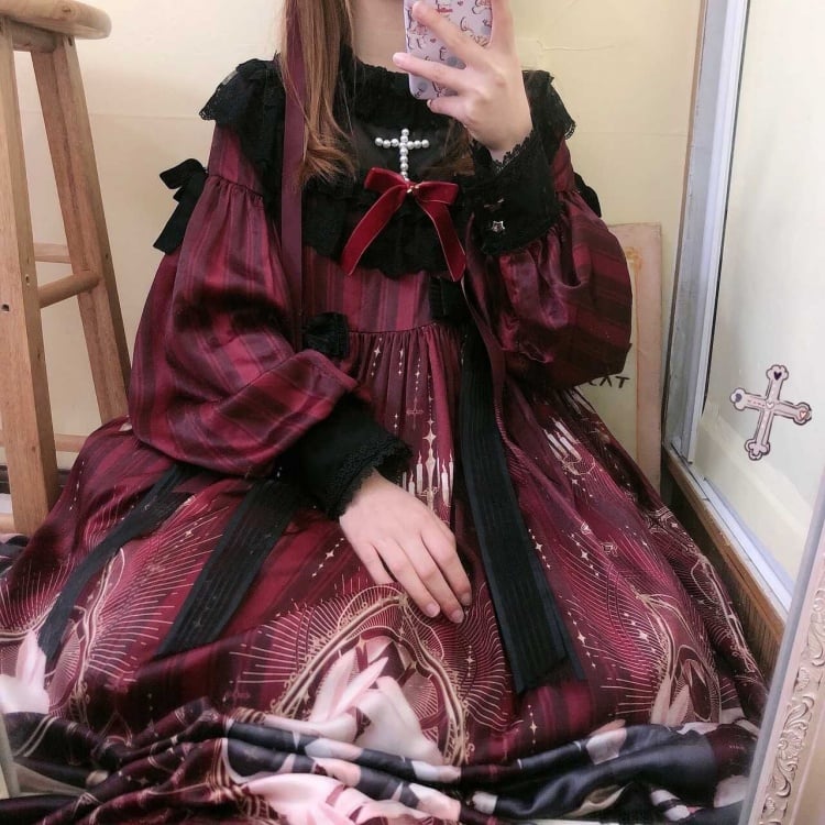 Holy Prayer Color Red Bunny Print Ruffle Round Neck Lace Hemline One Piece